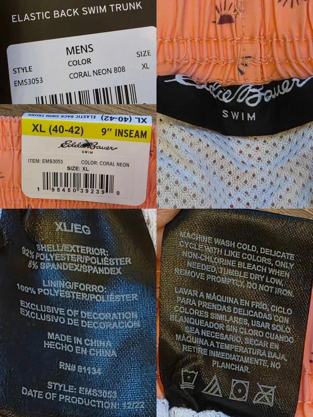 🔹️NWT Eddie Bauer Coral Neon Sun Print Quick Dry Swim Shorts Men's XLarge